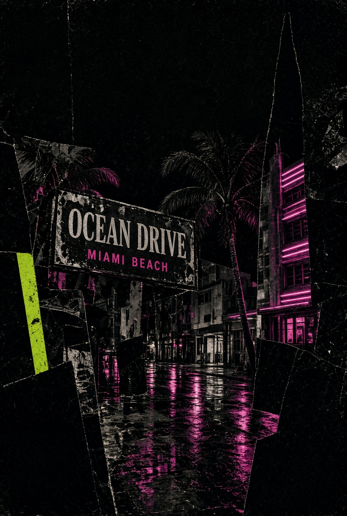 Ocean Drive at night in torn offset print